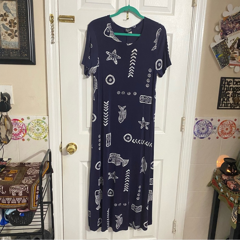 Vintage Royal Creations L Hawaiian Maxi Dress Fish Bones Nautical Beach Slinky